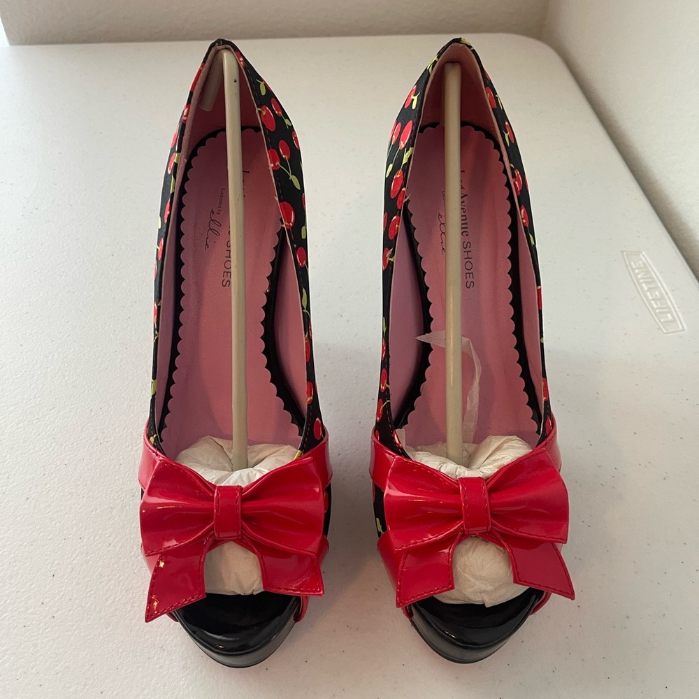 Pinup Couture Cherry Print Heels with Red Bow